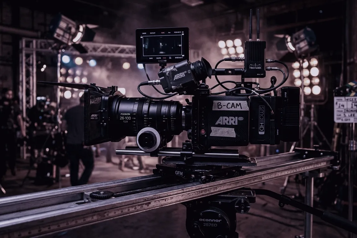 Cámara de cine profesional montada en slider durante un rodaje